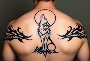 lone wolf howling at full moon with northern lights backdrop tattoo idea