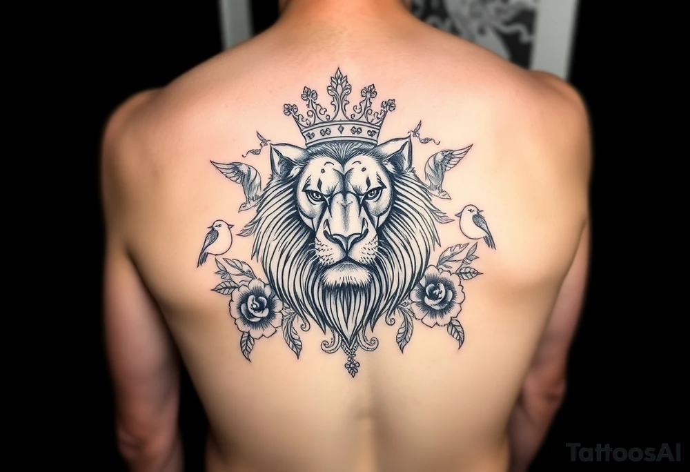 powerful majestic lion with a crown, surrounded by floral ornaments and birds tattoo idea