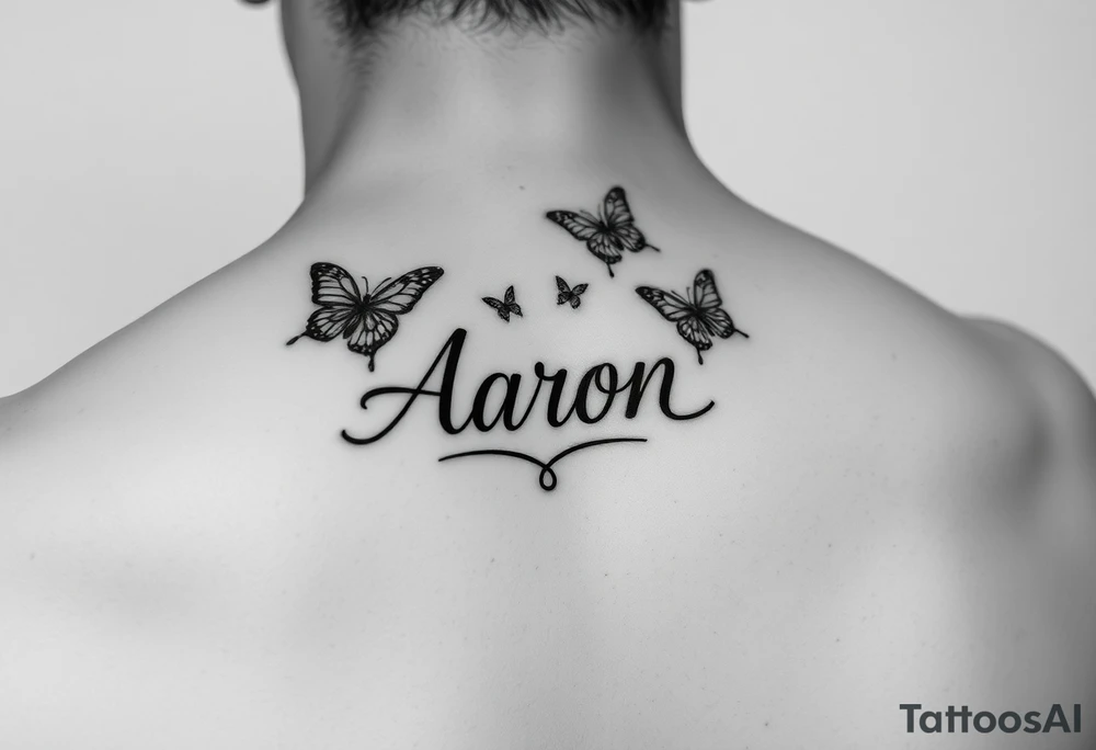a hand tattoo with the name aaron, add some butterflies and a semicolon tattoo idea