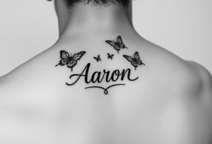 a hand tattoo with the name aaron, add some butterflies and a semicolon tattoo idea