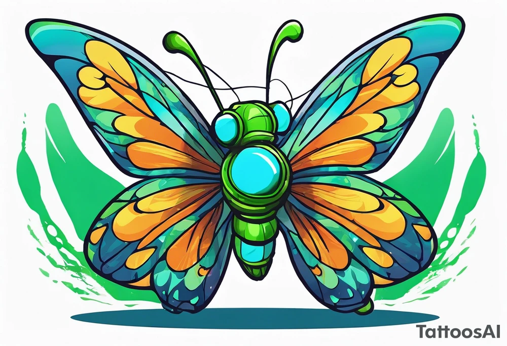 Christmas color camouflage clothes on the fortnite character jolly jammer, wrapped in majestic butterfly wings with a greenish blue glow,all on a pond with the fortnite zero point below it, tattoo idea