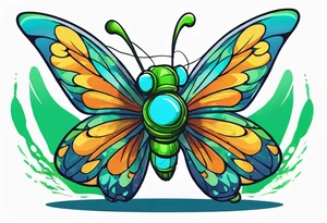 Christmas color camouflage clothes on the fortnite character jolly jammer, wrapped in majestic butterfly wings with a greenish blue glow,all on a pond with the fortnite zero point below it, tattoo idea