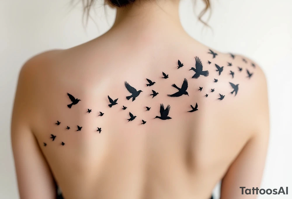 Flock of birds in flight across a fading sky – A dynamic group of birds soaring in various stages of flight, moving from the wrist toward the shoulder (or across the back). The birds start as detailed silhouettes in rich black and gradually become lighter and more abstract, as if dissolving into the wind. tattoo idea
