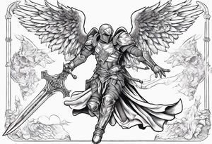 A winged angel wearing armor that is in mid-air with his two-handed sword about to attack in isometric view. tattoo idea