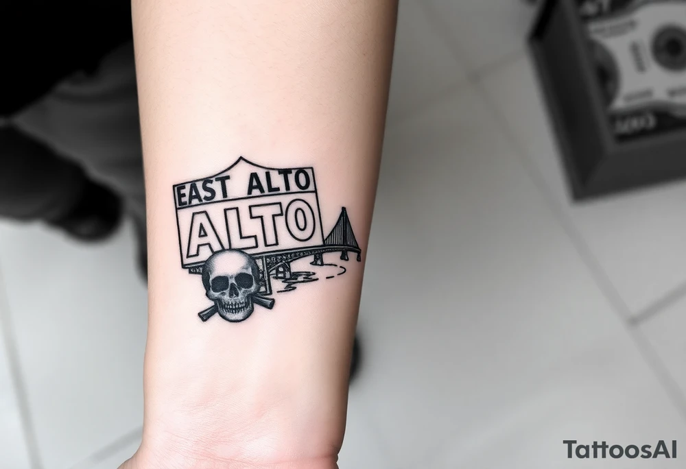 “East Palo Alto” city sign and “Newark” city sign on opposite sides of a bridge going across water in California with skulls and money and  scarface tattoo idea