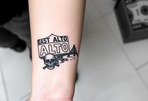“East Palo Alto” city sign and “Newark” city sign on opposite sides of a bridge going across water in California with skulls and money and  scarface tattoo idea