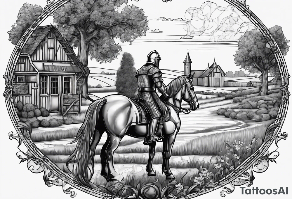 a knight kneeling with an old farm in the background and horses in the netherlands and a swimmingpool and an airfryer tattoo idea