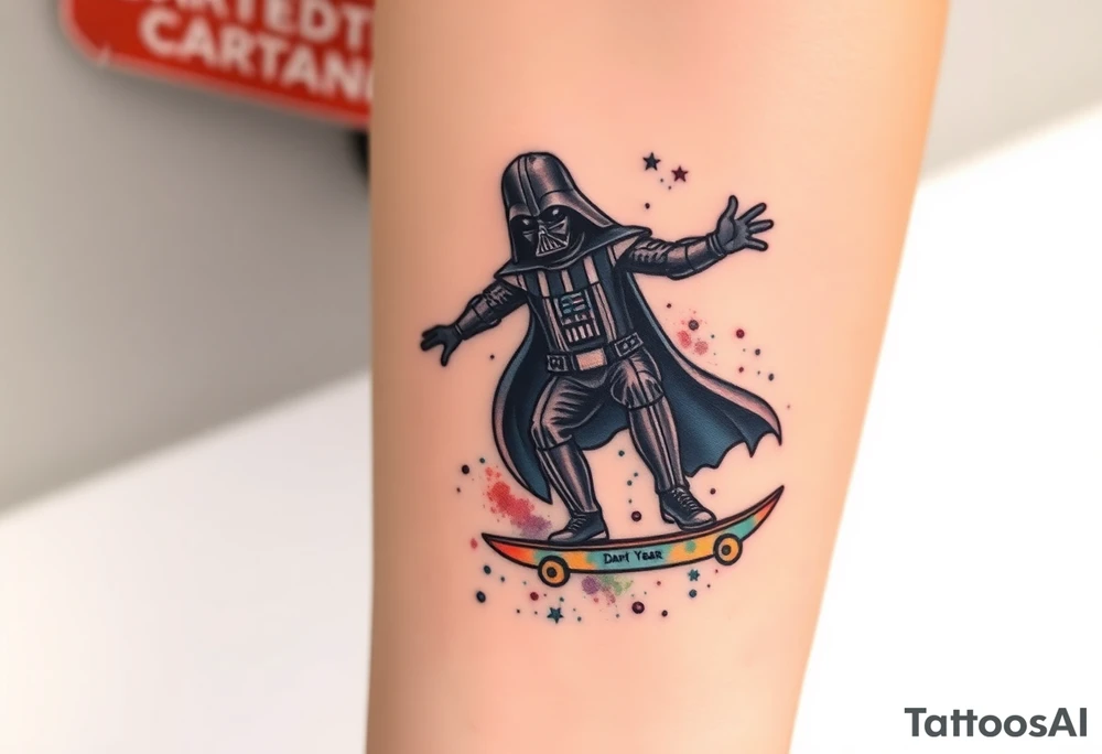 Darth Vader skateboarding > bullets > in loving memory > colors > god
add words "Darth Carter" on skateboard
add date 12/29/88-01/06/24 tattoo idea