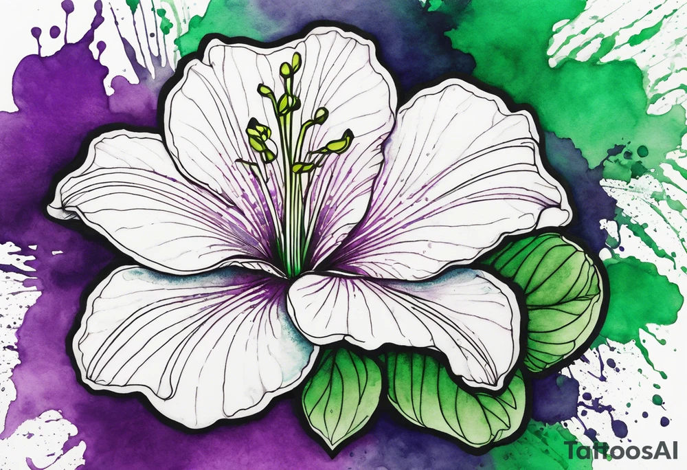 An outline of a green rio dipladenia flower and a green and purple watercolor splash in the background tattoo idea
