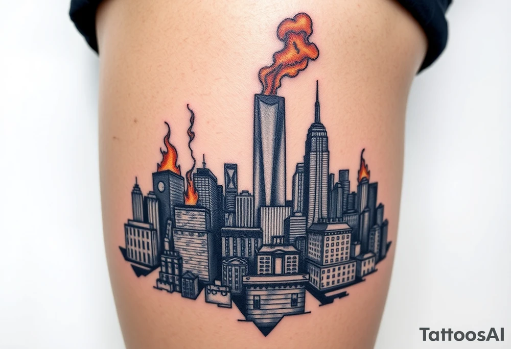toxic new york city landscape on fire tattoo idea
