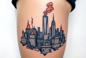 toxic new york city landscape on fire tattoo idea