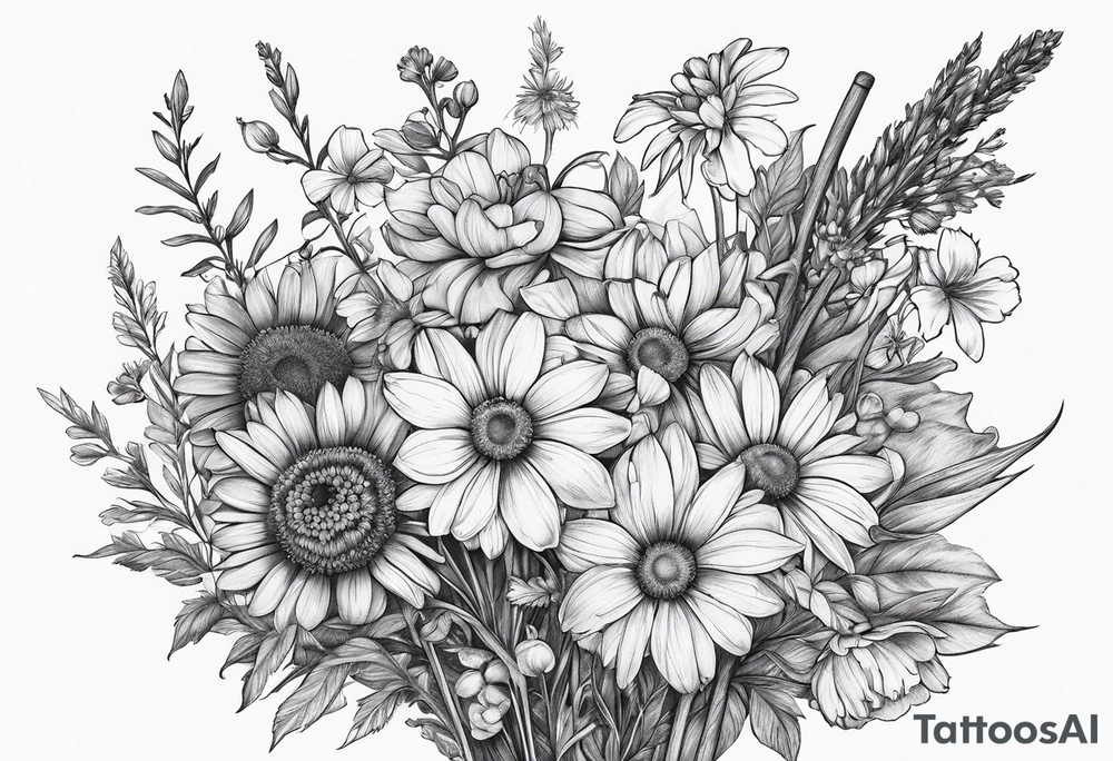 Bouquet of wildflowers tied to a broom handle tattoo idea