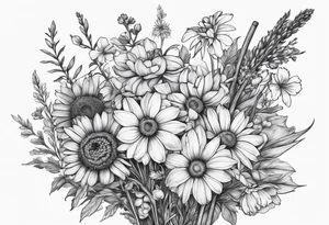 Bouquet of wildflowers tied to a broom handle tattoo idea