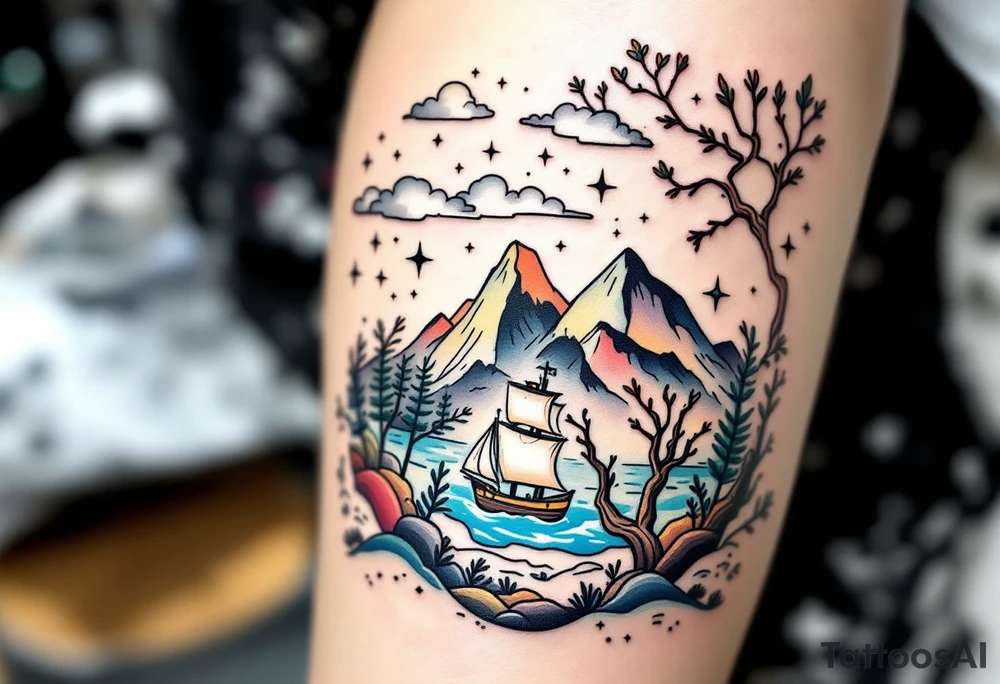 tattoo that has an acacia tree with mountains, ocean with a ship wreck and the northern star tattoo idea