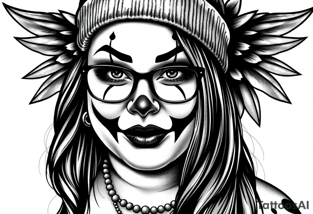 Chicana BBL fat sexy chunky plus size beautiful long hair clown makeup angel wings thug beanie eyeglasses tattoo idea
