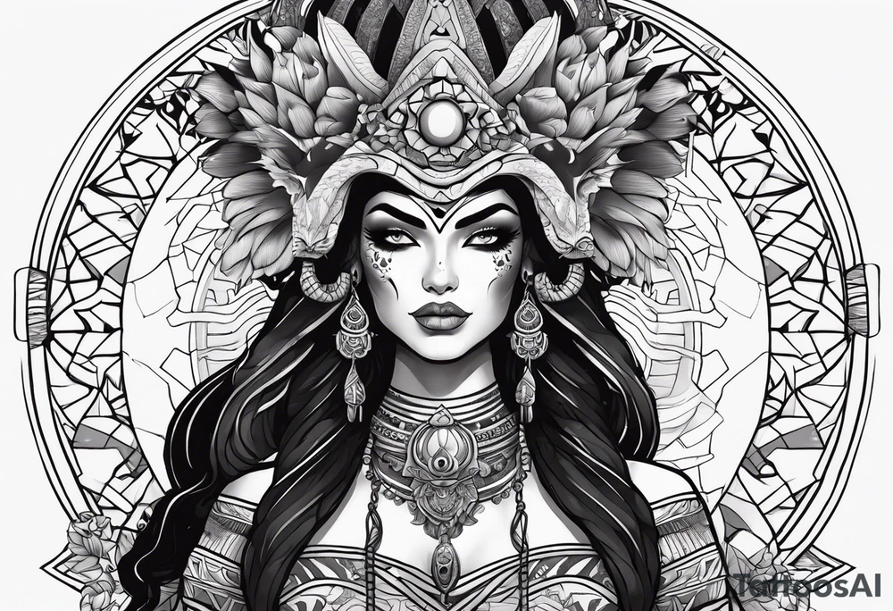kali, alien goddess, valkrye, pirate, zenza resonance, pachamama, lotus azul, blank panther, eagle, skull, 5D, nueva gaya tattoo idea