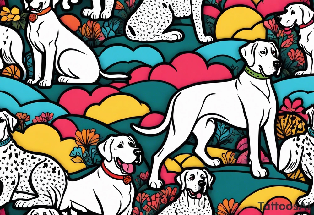 Arm sleeve that has 4 separate small Great Dane heads mixed in with other fill work that resembles the outdoors tattoo idea