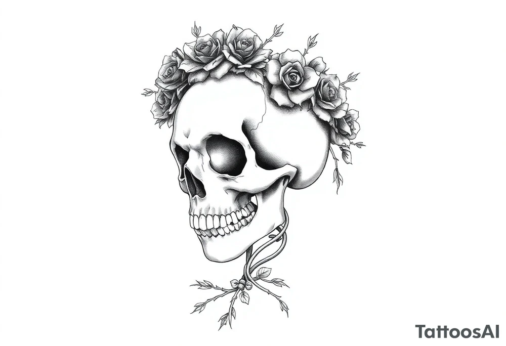 ornate skull adorned with crown of wild roses and thorns tattoo idea