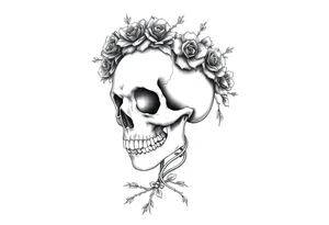ornate skull adorned with crown of wild roses and thorns tattoo idea