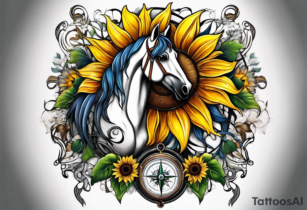 Horse, compass, sunflower tattoo idea