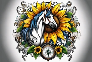 Horse, compass, sunflower tattoo idea