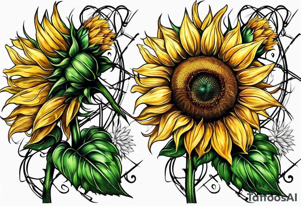 Sunflower, wheat, and barbed wire half sleeve tattoo idea