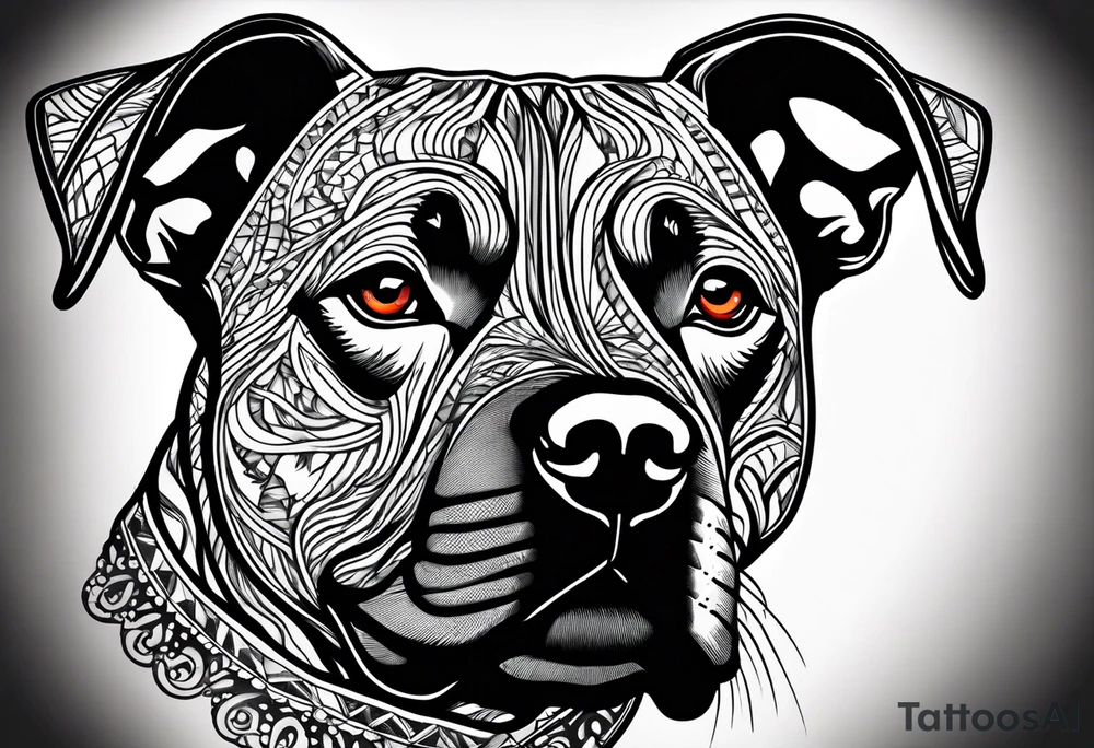 create a tattoo of a pitbull dog with trees in the background and a diamond border. tattoo idea