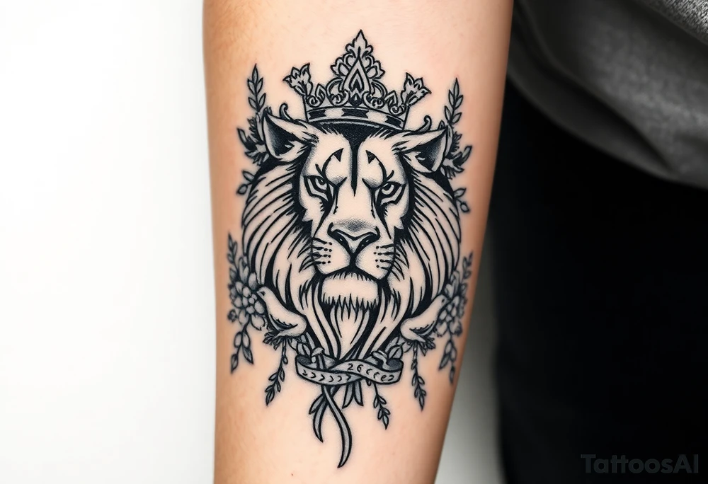 powerful majestic lion with a crown, surrounded by floral ornaments and birds tattoo idea