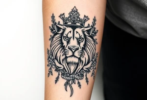 powerful majestic lion with a crown, surrounded by floral ornaments and birds tattoo idea