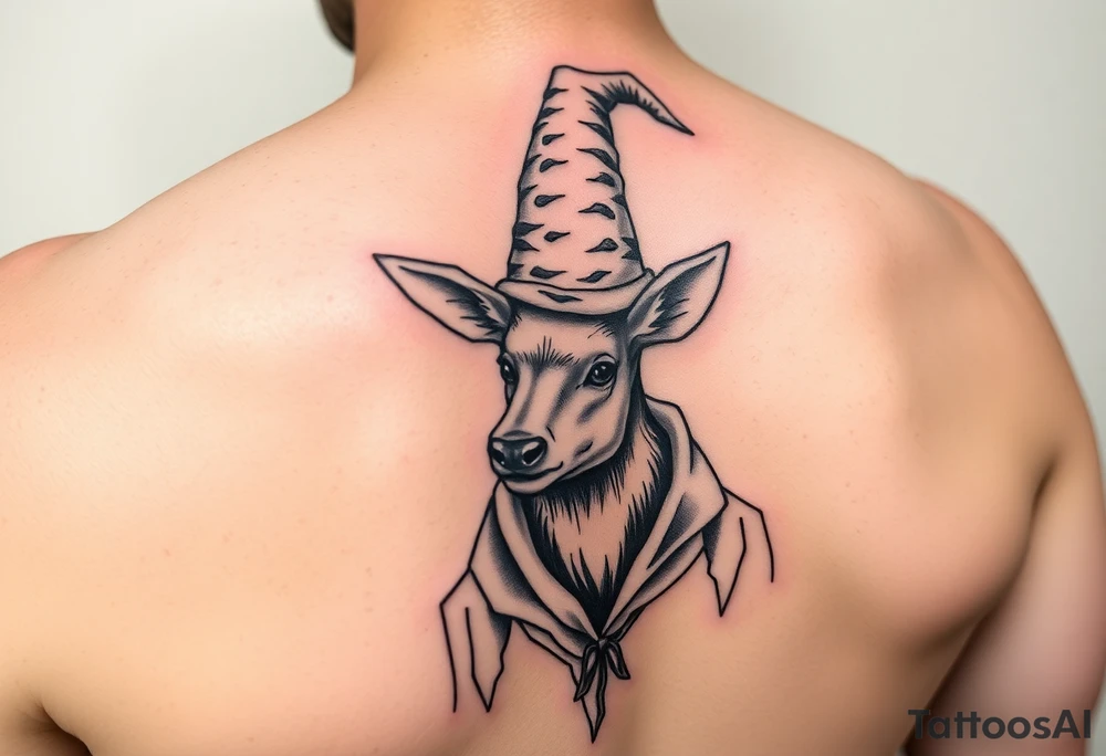 deer wearing wizards clothes and hat tattoo idea