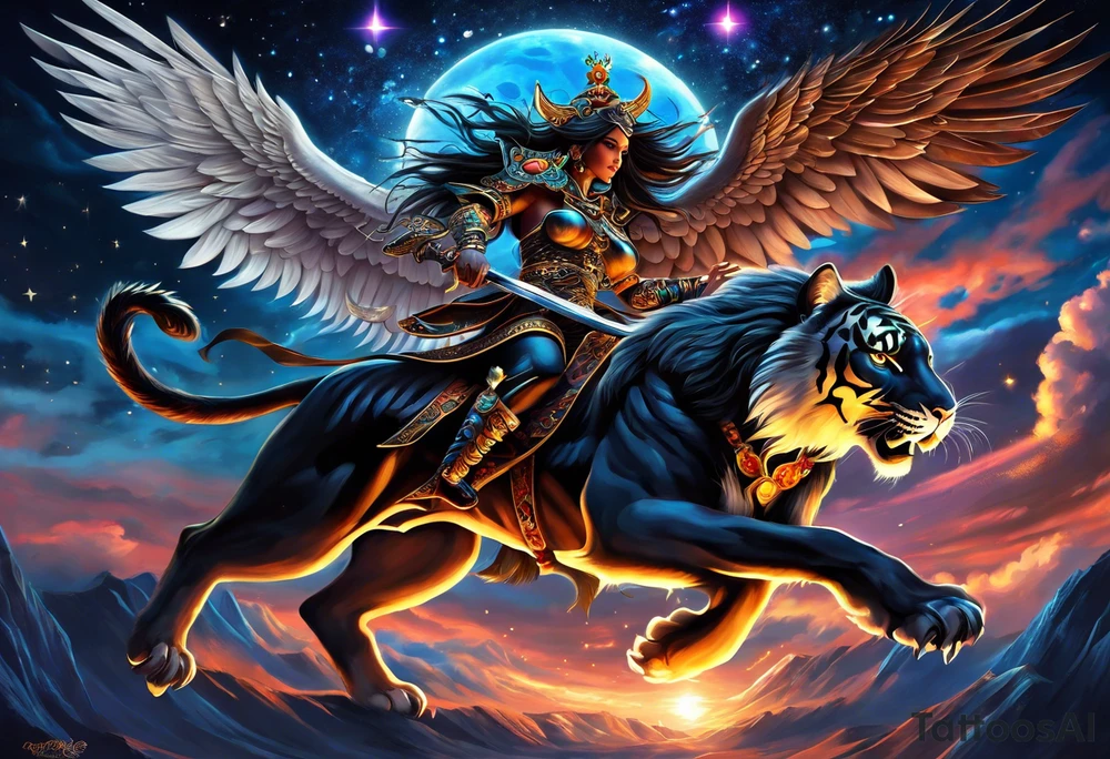 black kali, goddess pirate, alien, angel, pachamama, valkrye, warrior, flying, skull, lotus azul, wing, eagle, zenza resonance, stars, 5D, anahata chakra, death, durga, riding on a tiger, flying lady tattoo idea
