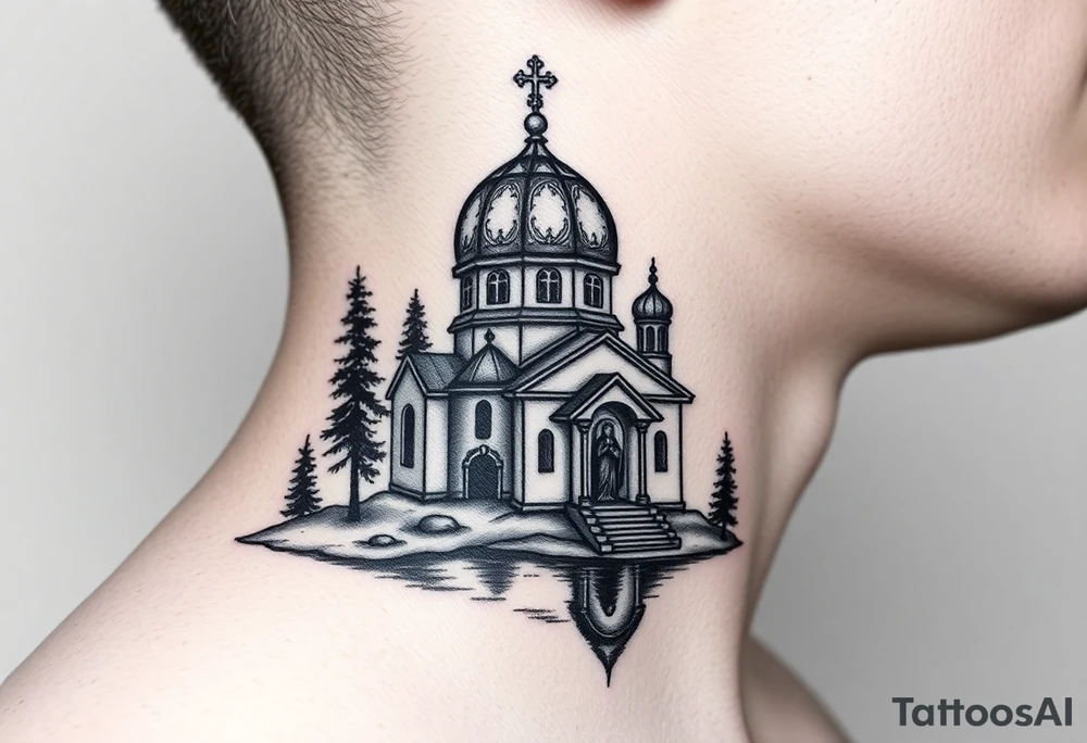 medium sized russian orthodox dome church with a separated virgin mary praying beside a lake and pine trees on the sized of my neck tattoo idea