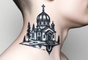 medium sized russian orthodox dome church with a separated virgin mary praying beside a lake and pine trees on the sized of my neck tattoo idea