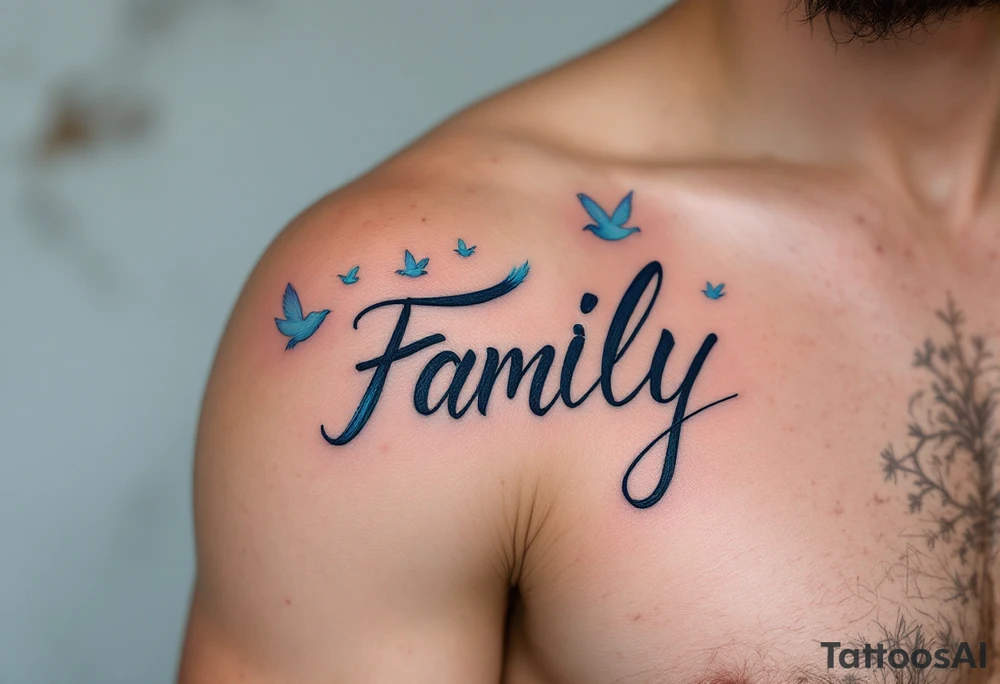 Family in a handwritten-style script, with a blue feather and soft pastel birds flying from it. tattoo idea