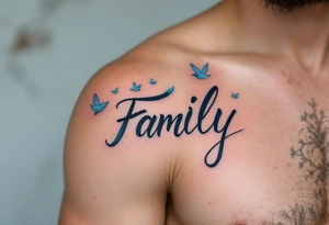 Family in a handwritten-style script, with a blue feather and soft pastel birds flying from it. tattoo idea