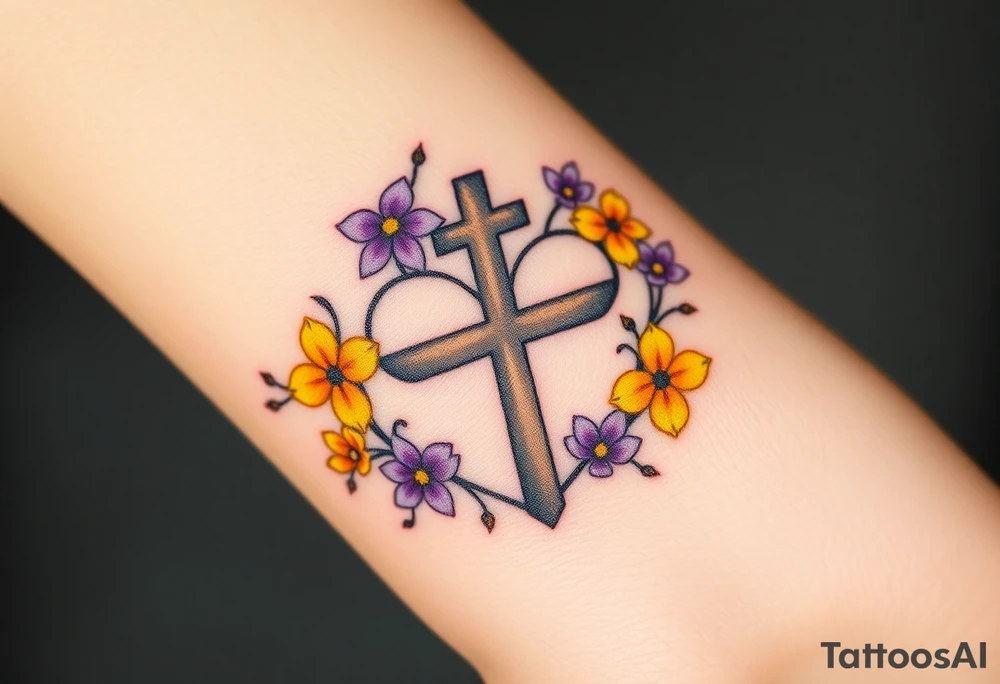 Yellow daisy Purple Hearts around a cross tattoo idea