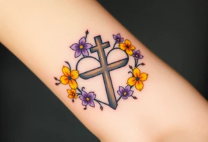 Yellow daisy Purple Hearts around a cross tattoo idea