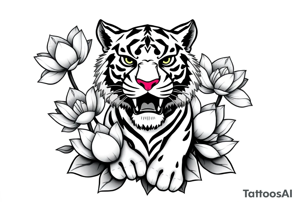 fierce tiger emerging through blooming lotus flowers in mist tattoo idea