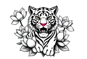 fierce tiger emerging through blooming lotus flowers in mist tattoo idea