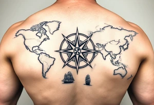 antique compass rose overlaid on weathered world map with sailing ships tattoo idea