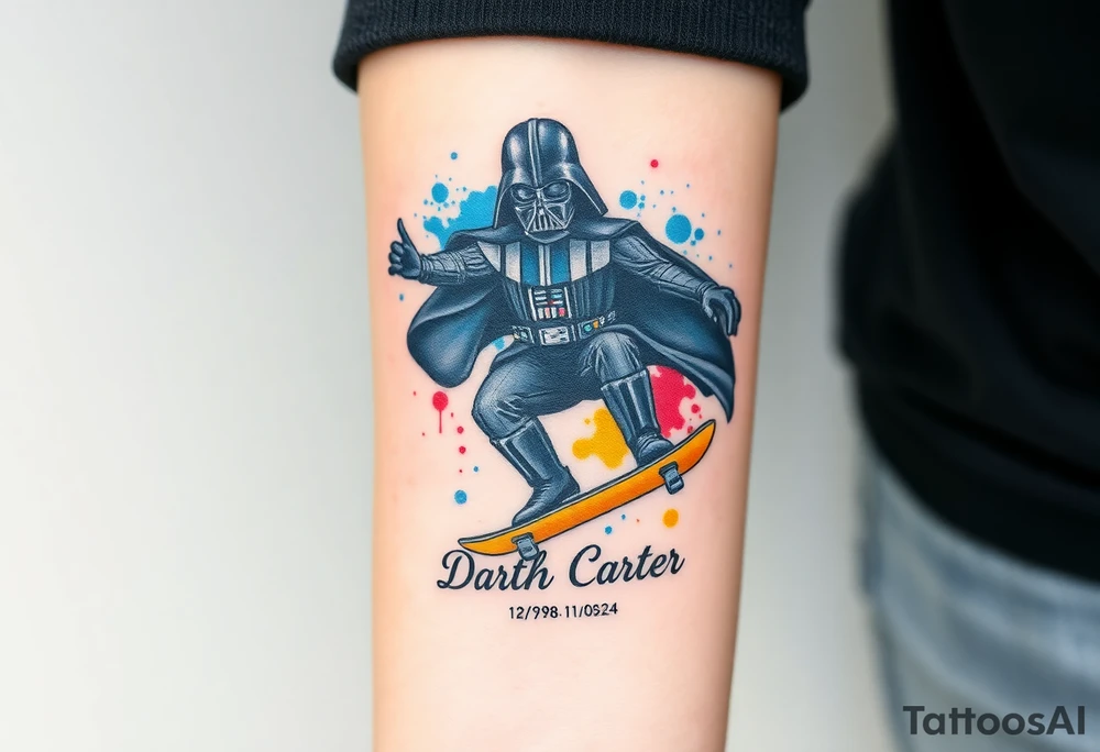 Darth Vader skateboarding > memorial in heaven > bullets
blue. red. yellow.
skateboard words "Darth Carter"
add date 12/29/88-01/06/24 tattoo idea