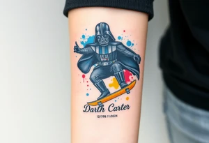 Darth Vader skateboarding > memorial in heaven > bullets
blue. red. yellow.
skateboard words "Darth Carter"
add date 12/29/88-01/06/24 tattoo idea