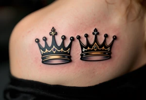 Minimalist black king and queen crowns with gold and silver accents on the outer hands celebrate your royal bond. tattoo idea