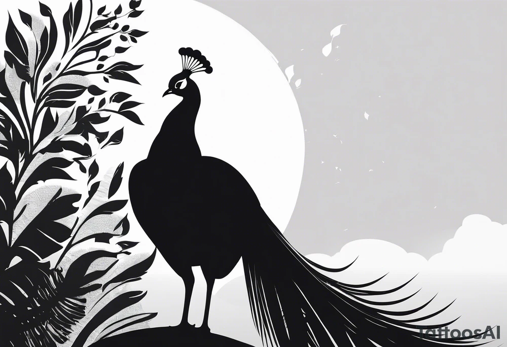 Black and white silhouette illustration of a peafowl standing proudly with its tail fanned out. The silhouette of the bird’s feathers is detailed, showcasing its majestic tail in full display. The background features simplified, flowing shapes representing lush foliage and a serene sky, emphasizing the elegance of the bird's posture. The overall design highlights the bird’s grace and the peaceful atmosphere of the setting, using bold contrasts and clean lines to capture the essence of its iridescent beauty in silhouette form. tattoo idea