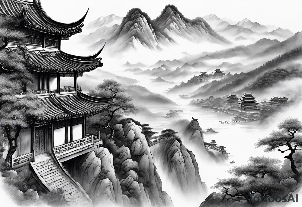forearm sleeve traditional chinese art painting style autumn mountains mist fog water Chinese temple 2 male philosophers wearing robes seated drinking tea far away in the distance tattoo idea