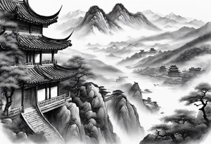 forearm sleeve traditional chinese art painting style autumn mountains mist fog water Chinese temple 2 male philosophers wearing robes seated drinking tea far away in the distance tattoo idea