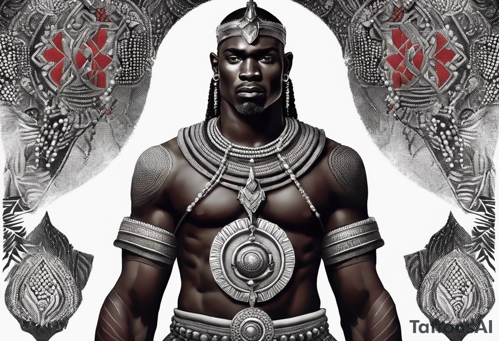 African black-skinned warrior. He is a god of war. He wears a small silver crown and a simple red necklace tattoo idea