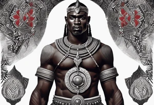 African black-skinned warrior. He is a god of war. He wears a small silver crown and a simple red necklace tattoo idea