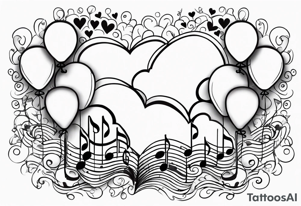 music notes and hearts with balloons up in the clouds tattoo idea