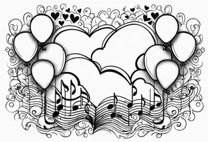 music notes and hearts with balloons up in the clouds tattoo idea